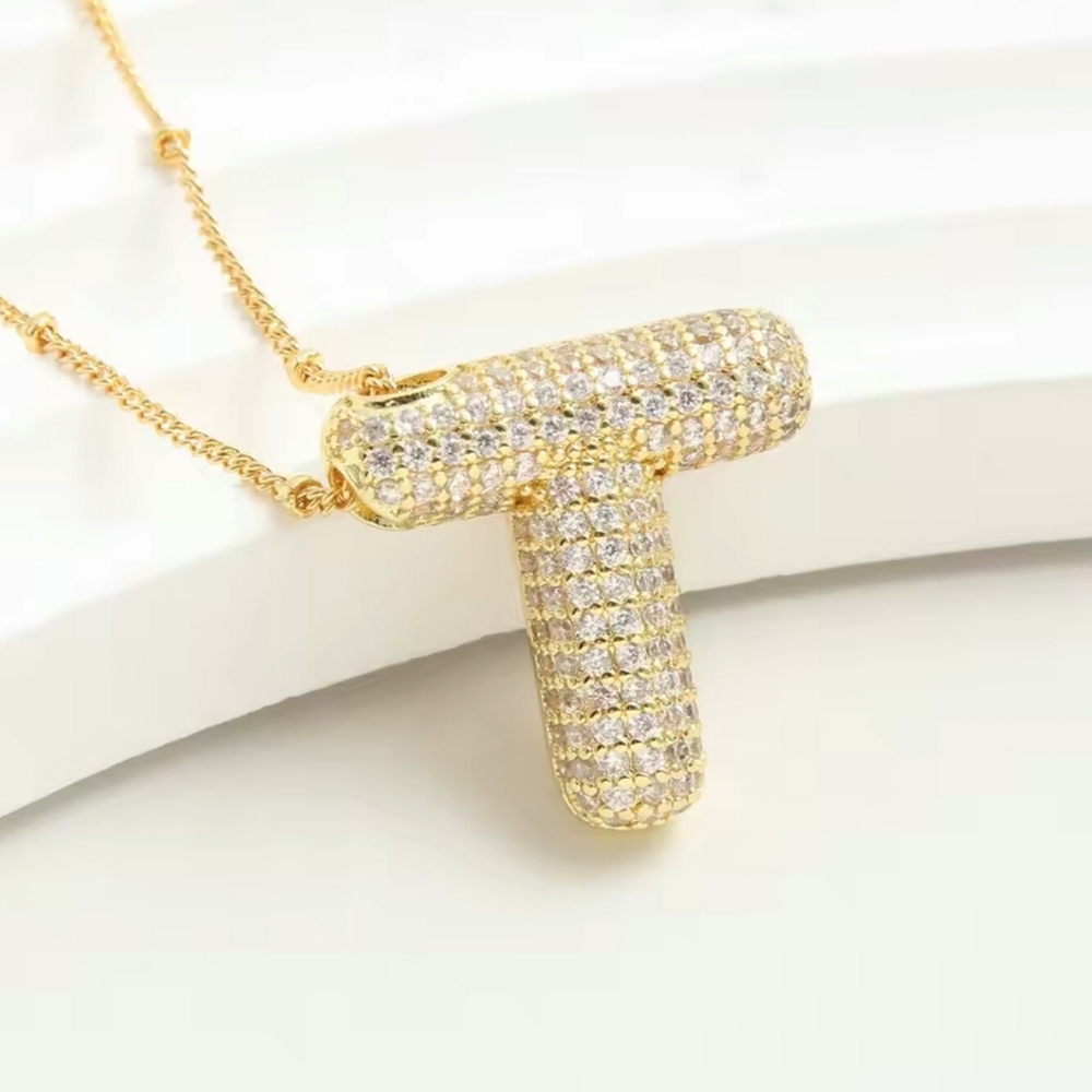 Gold Initial T Pendant Necklace, Bubble Letter Initial Charm Necklace